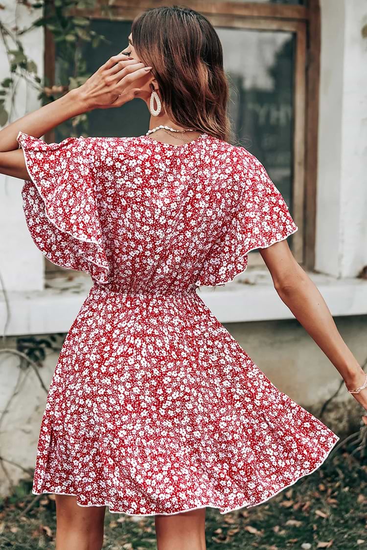 Luciana V-neck Flared Sleeve Ditsy A-shape Dress