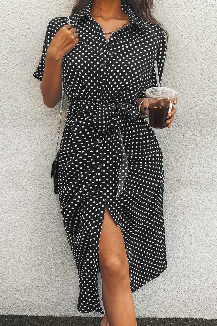 Alaia Short Sleeve Shirt Collar Frill Dots Dress