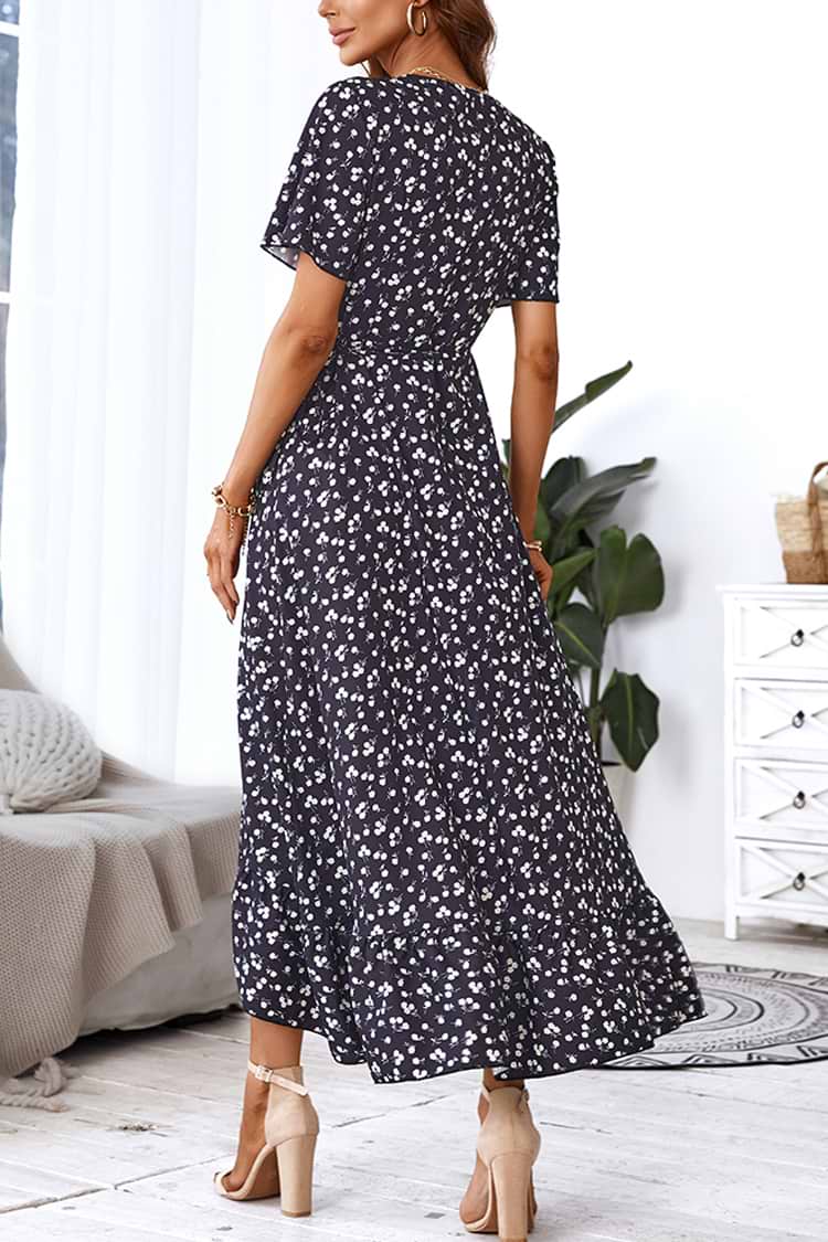 Robe trapèze maxi à volants et manches courtes à col en V