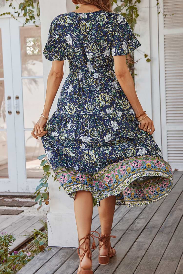 Boho Kleid mit V-Ausschnitt und Schnürung in mittlerer Länge in A-Form