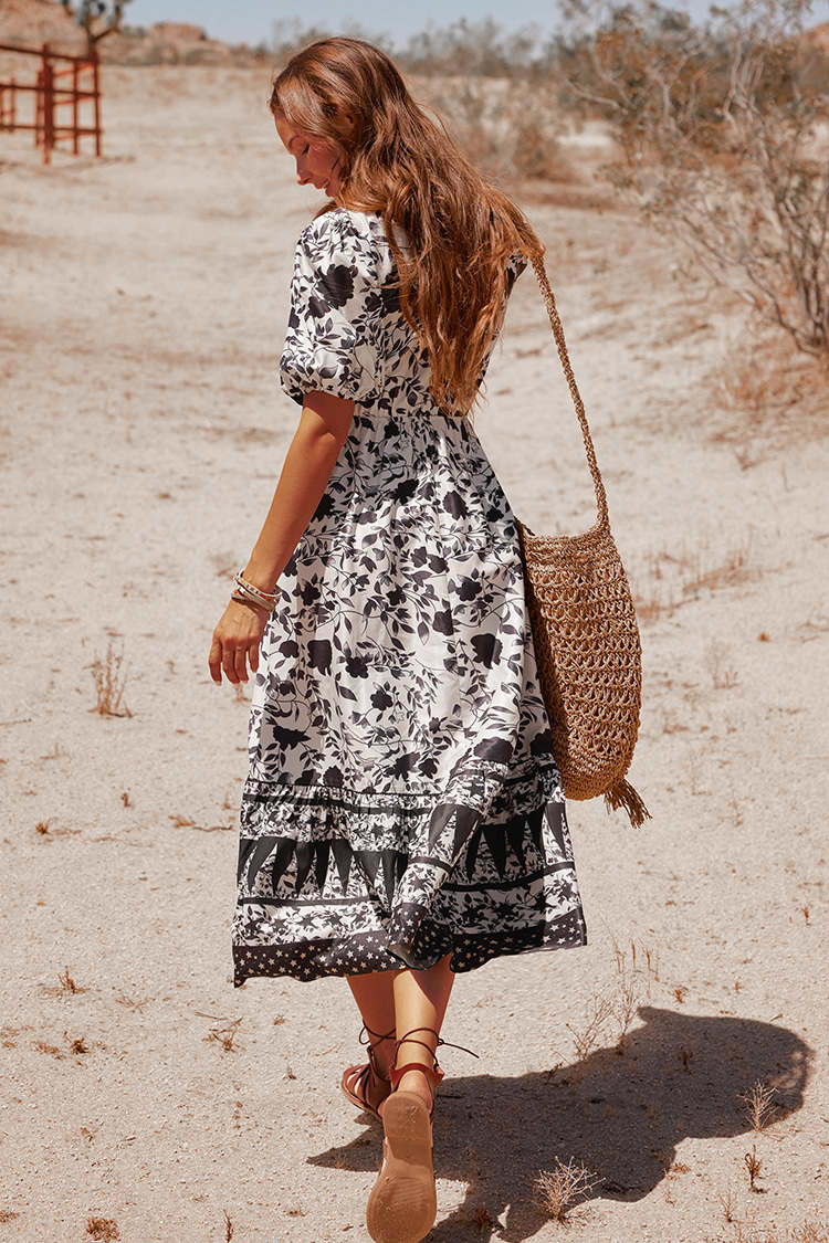 Paisley Kleid mit Blasenärmeln und Rüschen