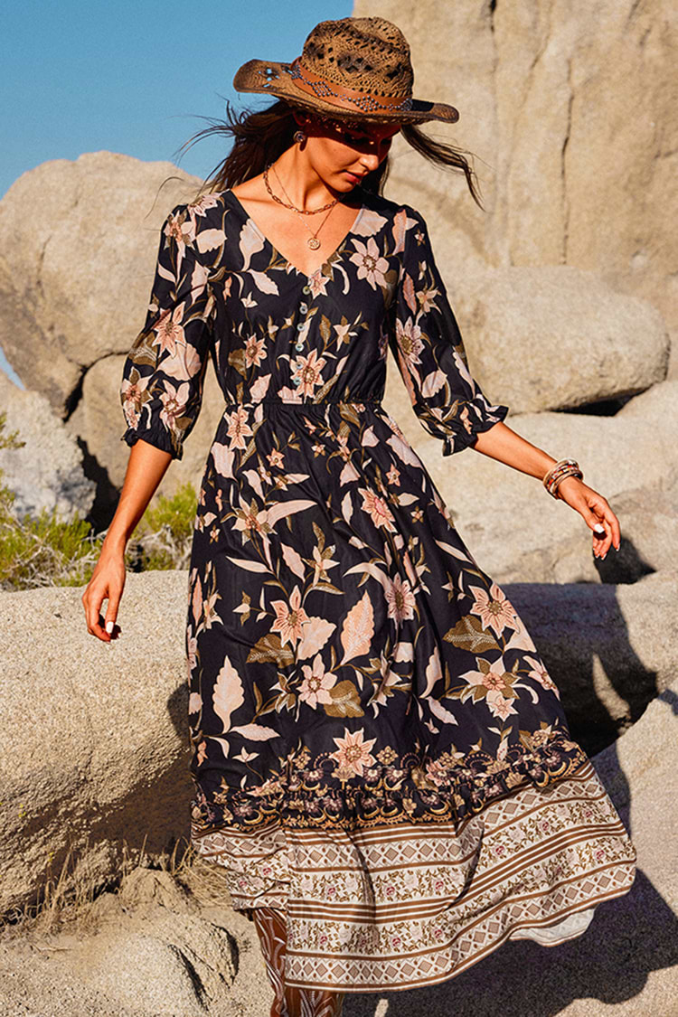 Boho Maxi-Kleid mit Blasenärmeln in A-Form