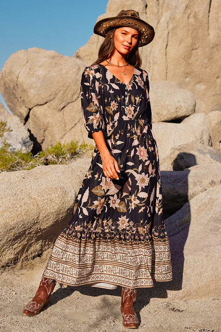 Boho Maxi-Kleid mit Blasenärmeln in A-Form
