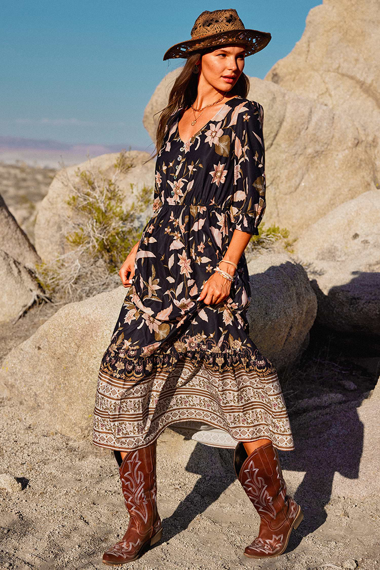 Boho Maxi-Kleid mit Blasenärmeln in A-Form
