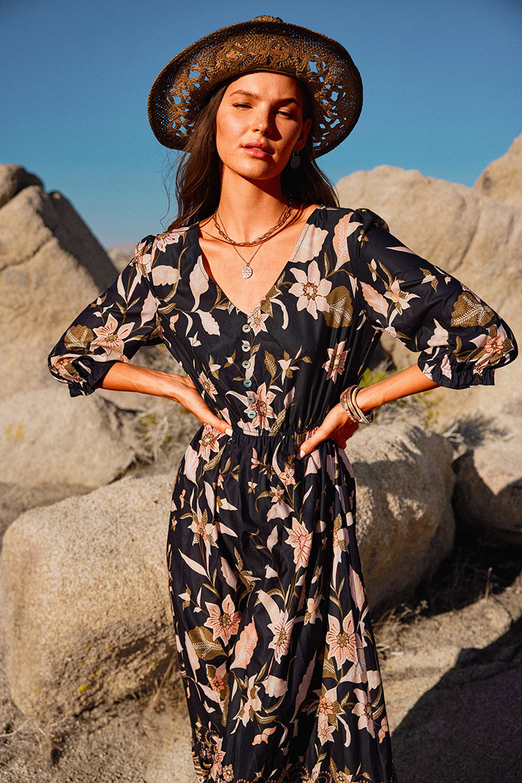 Boho Maxi-Kleid mit Blasenärmeln in A-Form