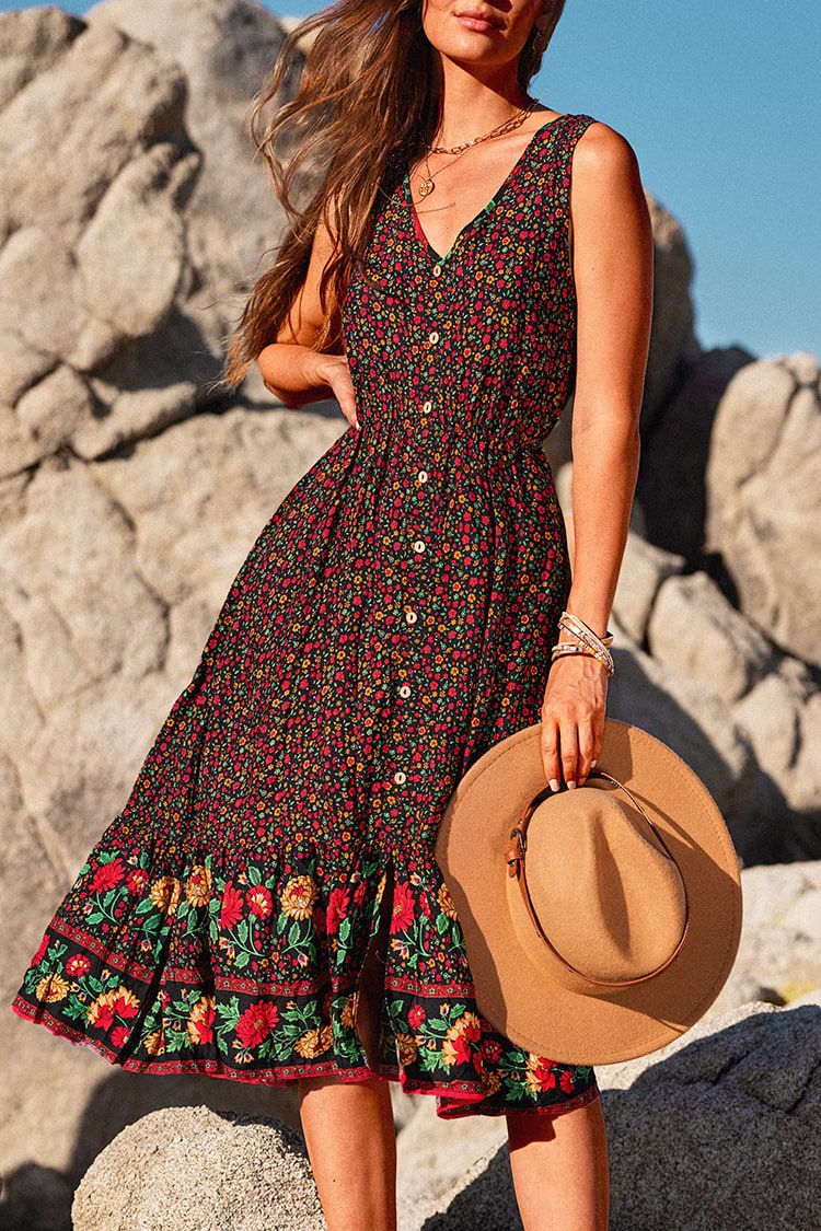 Robe trapèze sans manches à fleuri