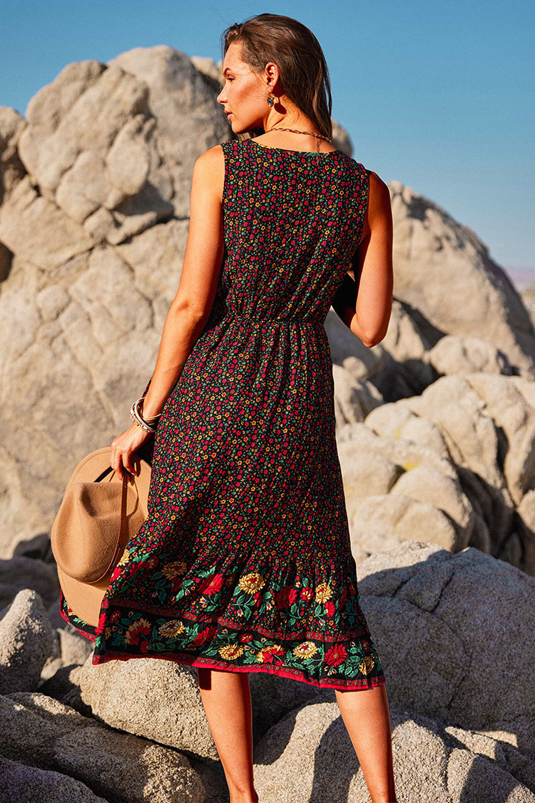 Robe trapèze sans manches à fleuri