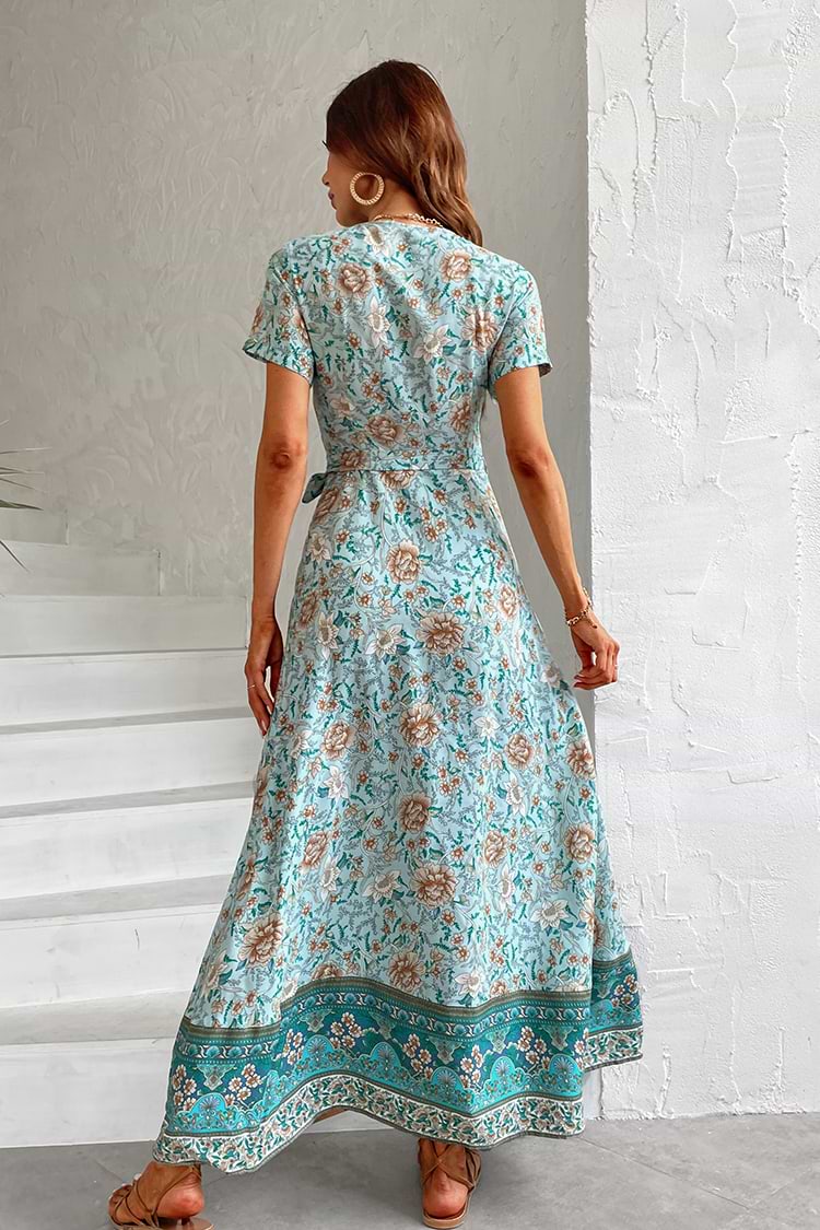 Boho Maxi-Kleid mit V-Ausschnitt und Schnürung in A-Form