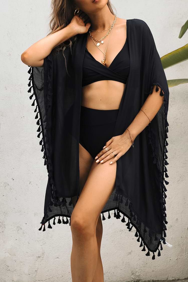 Kurzes Top mit Quasten in Schwarz