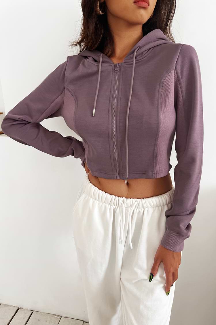 Silver Star Zipper Front Drawstring Crop Hoodie
