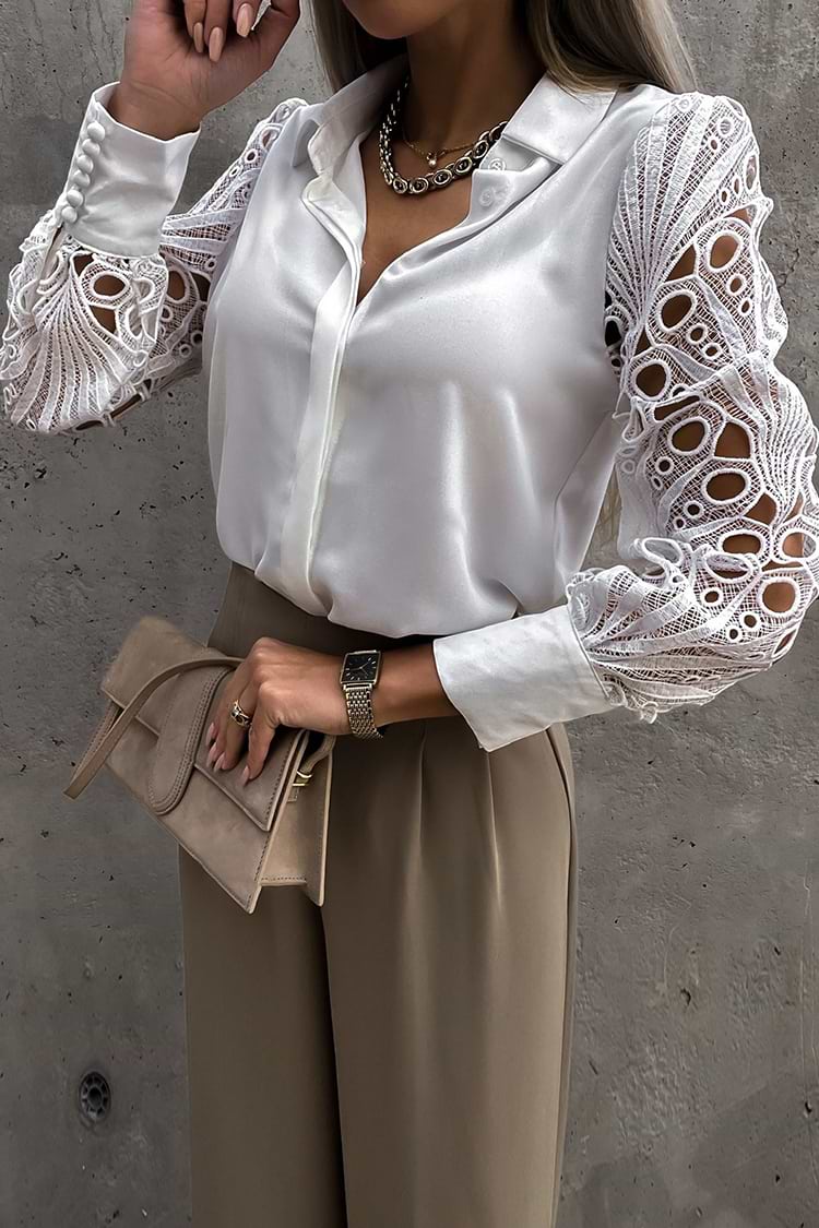 Weiße Langärmelige Satinbluse mit Stickerei und Knopf vorne
