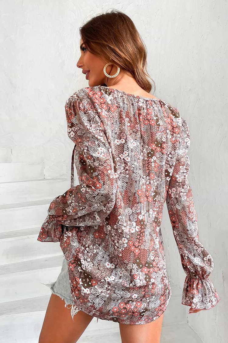 Blumendruck Bluse mit Kordelzug und Überwurf-Ausschnitt