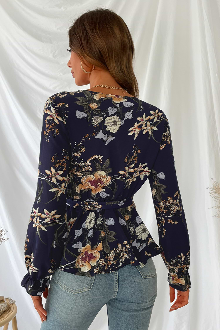 Kelsi Belted Floral Print Flounce Mock Wrap Top