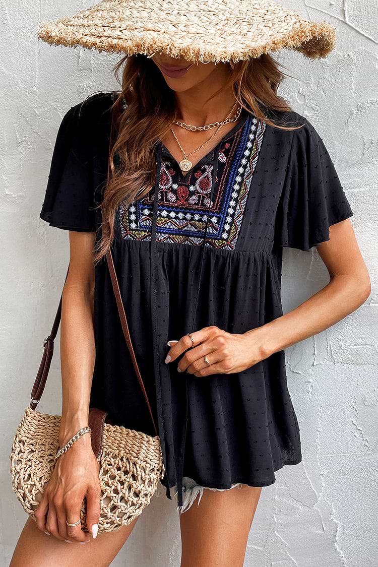 Stickerei Clip Dot Bluse mit Kordelzug und Split-Ausschnitt in Marineblau