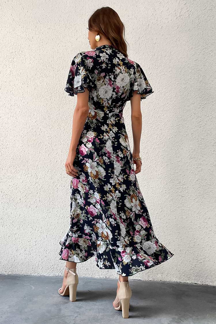 Robe midi et fendue à la jambe imprimée floral à col montant