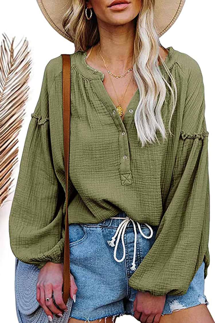 Split Ausschnitt gerüschte Bluse mit Knopf vorne in Grün