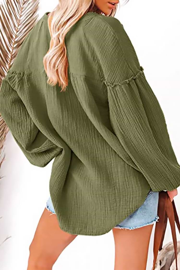 Split Ausschnitt gerüschte Bluse mit Knopf vorne in Grün