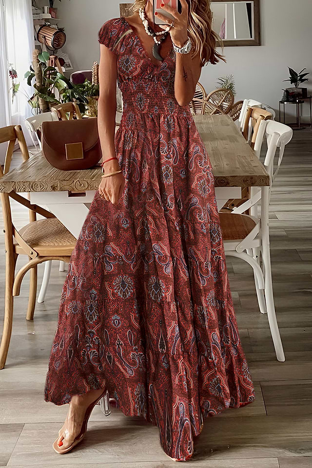 chinese dress ladies Eleanor Smocked Tiered Cap Sleeve Maxi Dress| Poundton Scarlet / XL