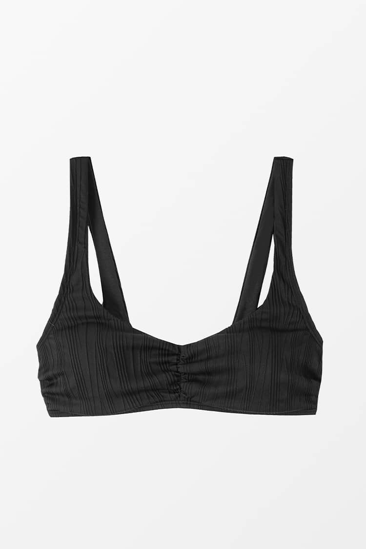 Gerüschtes V-Ausschnitt Bralette Bikini Top in Schwarz