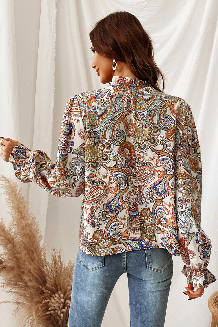 Claribel Paisley Print Ruffled Long Sleeve Blouse