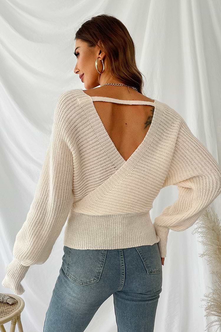 On Vacay Ribbed Surplice Neck Wrap Sweater