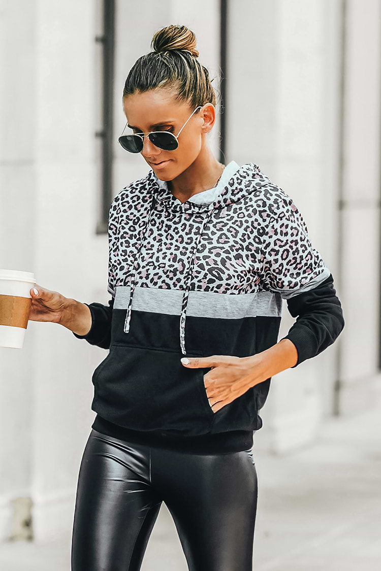 Unstoppable Leopard Print Colorblock Drawstring Hoodie
