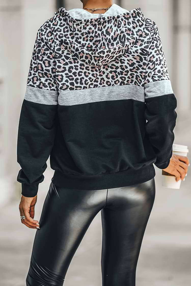 Unstoppable Leopard Print Colorblock Drawstring Hoodie