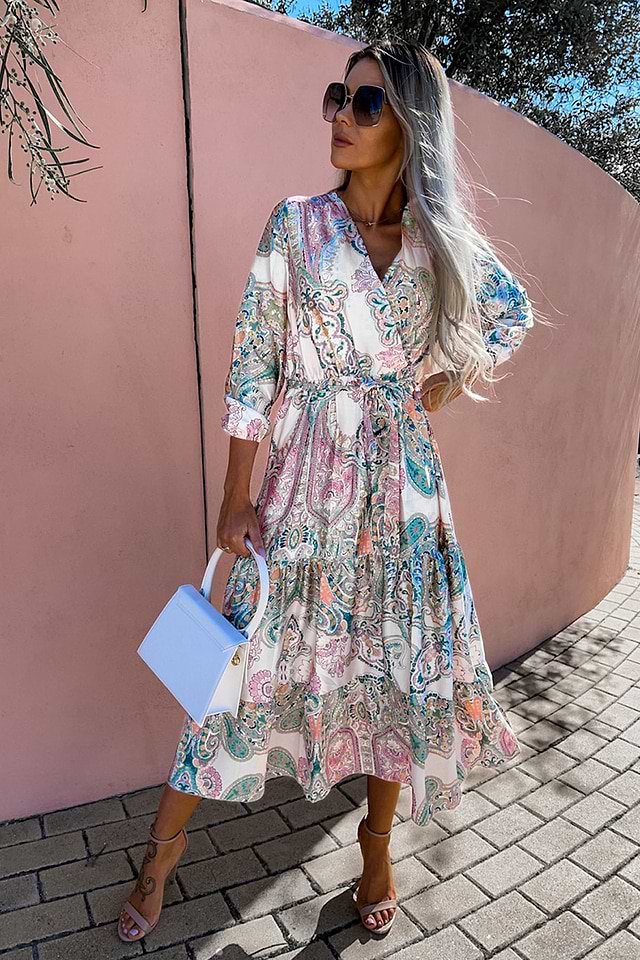 CUPSHE Women V Neck Maxi Dress Paisley Print 3/4 Sleeve Ruffle Wrap Dresses  Multicoloured