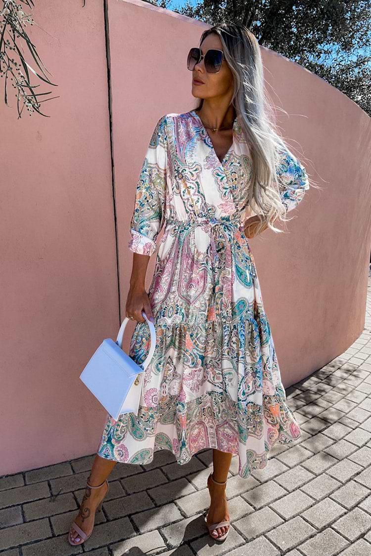 Claudette V-neck Elastic Waist Ruffle Dress