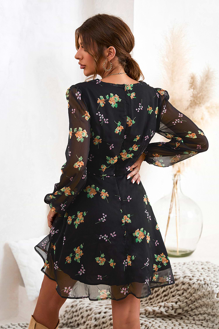 Realm Of Sky Floral Print Chiffon Mini Dress