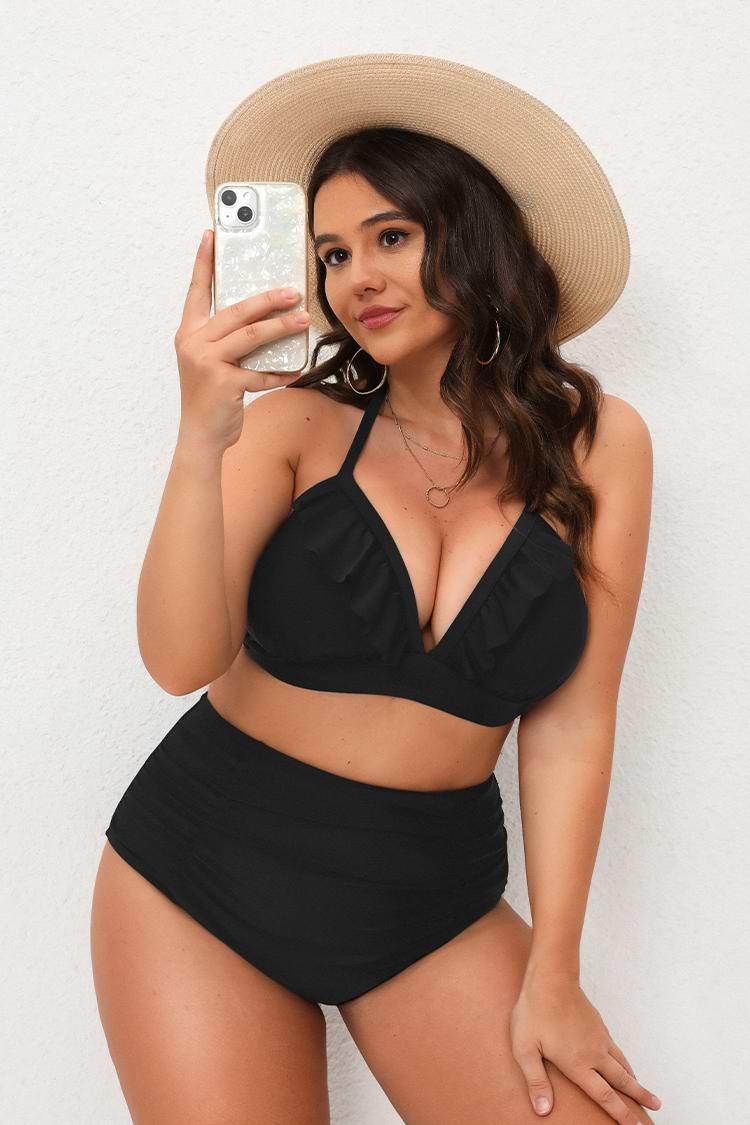 Große Größen Gerafftes High Waist Neckholder Bikini-Set mit Rüschen