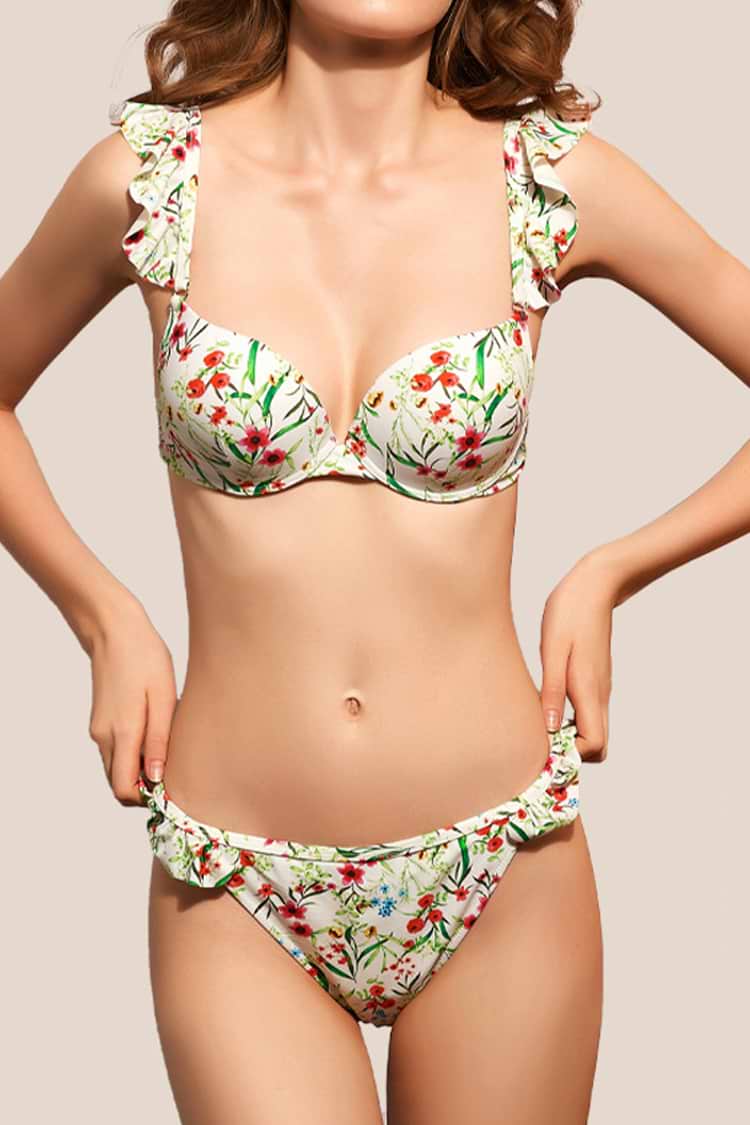 Floral Print Underwire Top & Ruffled Cheeky Green Bikini Set