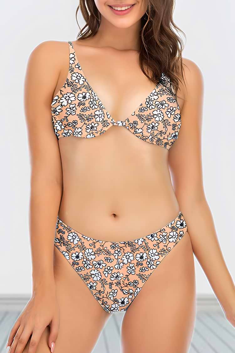 Floral Print V-Neck Underwire Top & Extra Cheeky Bikini Set