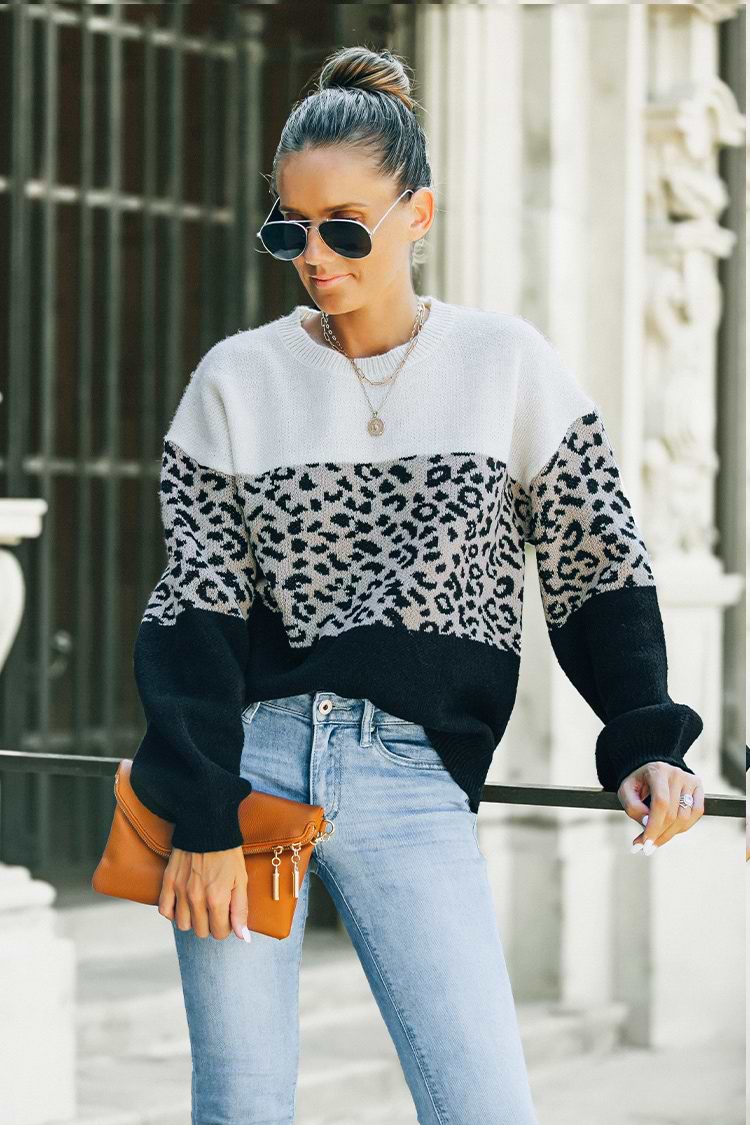 Farbblock Pullover mit Leopardenmuster