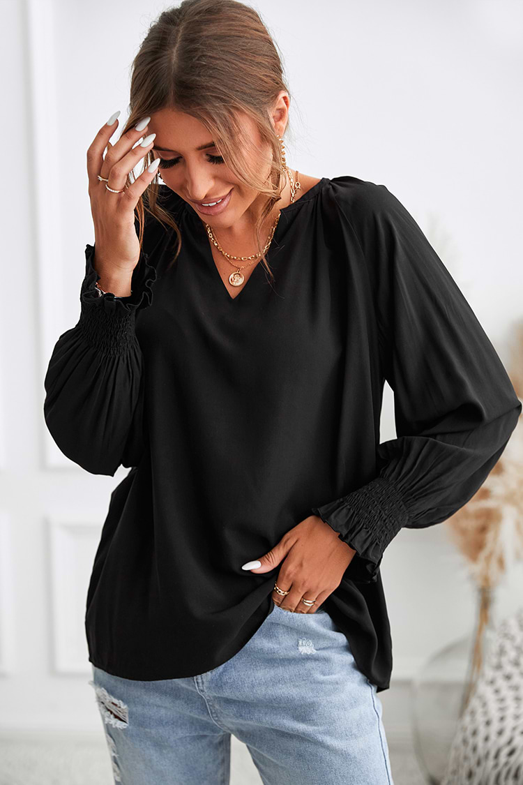 Schwarze V-Ausschnitt Bluse mit Trompetenärmeln