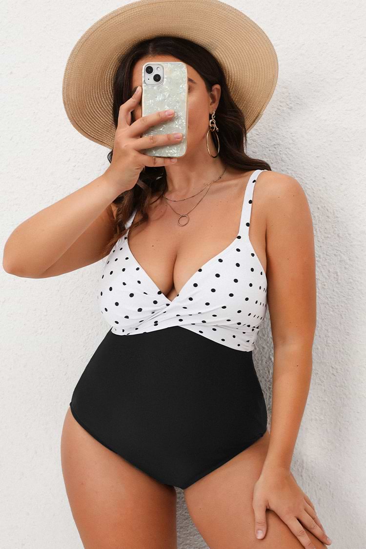 Yacht Dot Colorblock Tie Back Plus Size One Piece Swimsuit