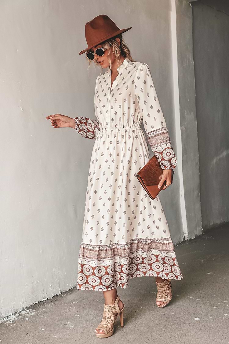 Robe maxi à manches longues et imprimé orné