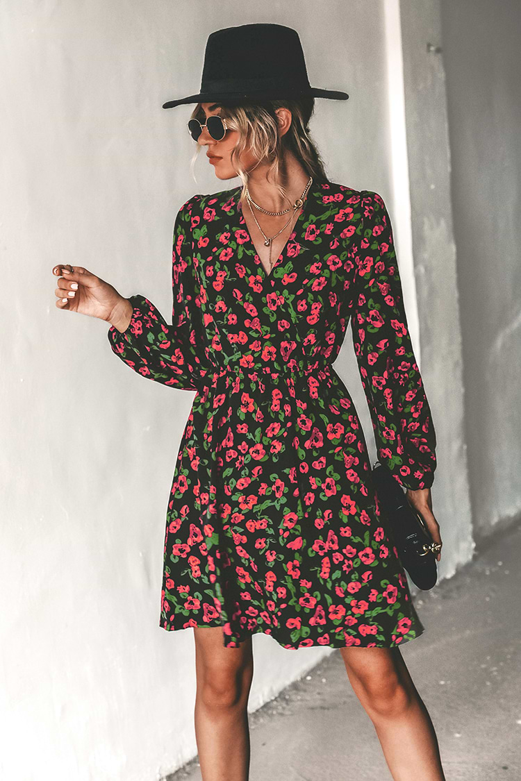 Rosemary Floral Print Surplice Mock Wrap Mini Dress
