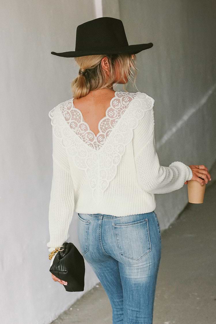 Pull en dentelle florale à coupe en V au dos