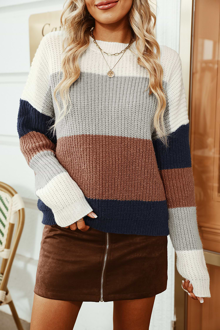 Gestreifter Grobstrick Farbblock-Pullover