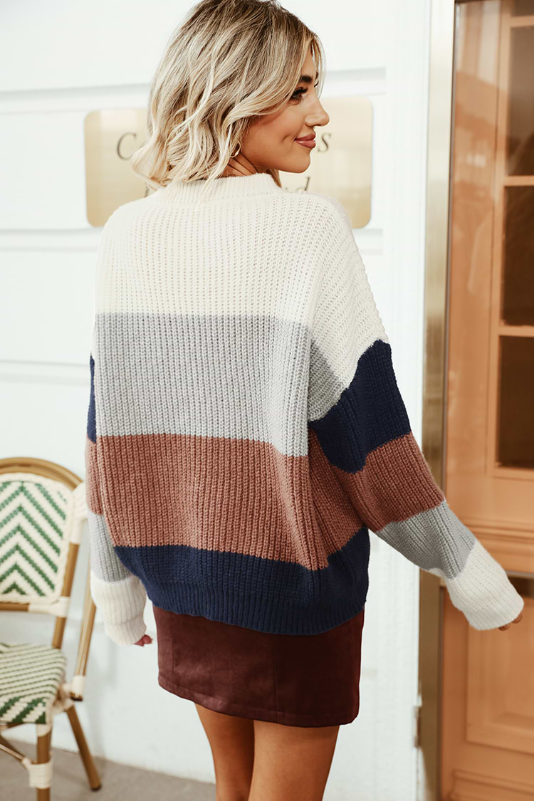 Gestreifter Grobstrick Farbblock-Pullover