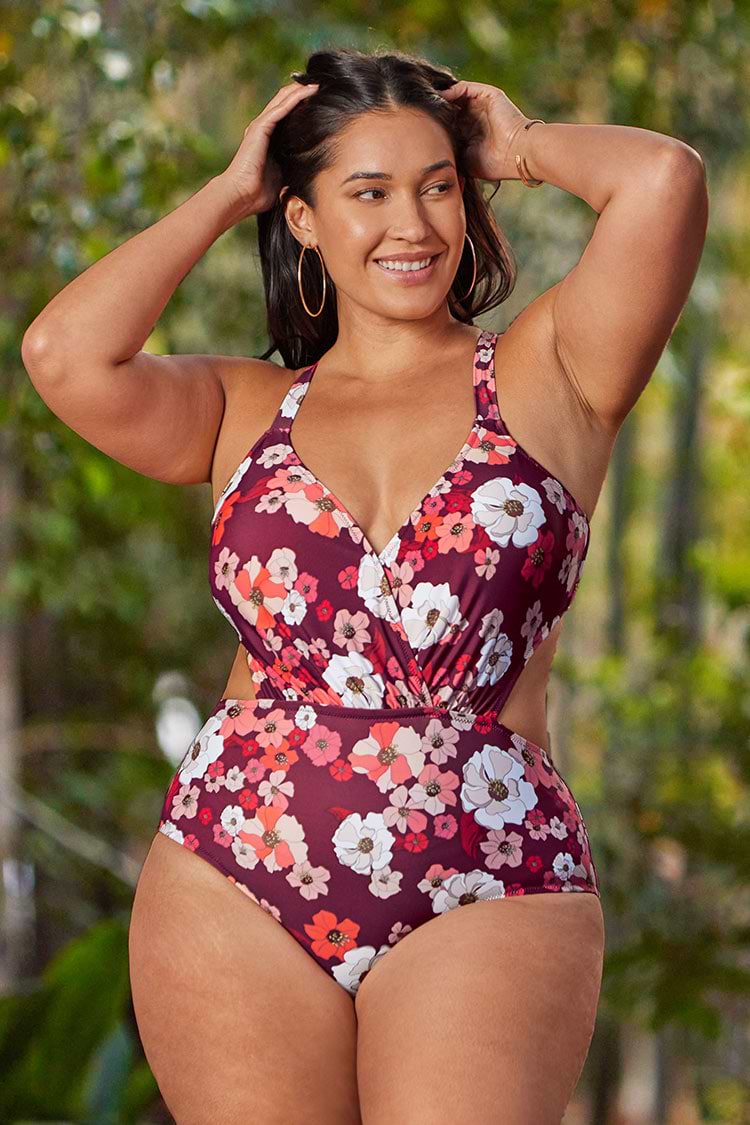 Maillot de bain une pièce grande taille à découpes imprimé floral