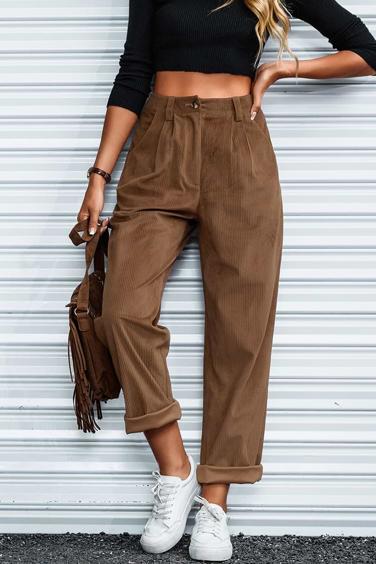 High Waist dunkelbraune Hose mit konischem Bein