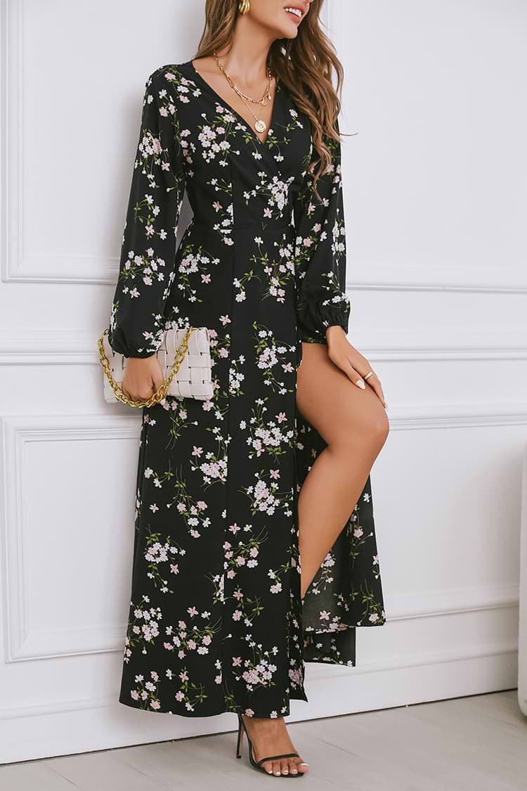 Floral Wrap Leg Slit Maxi Dress
