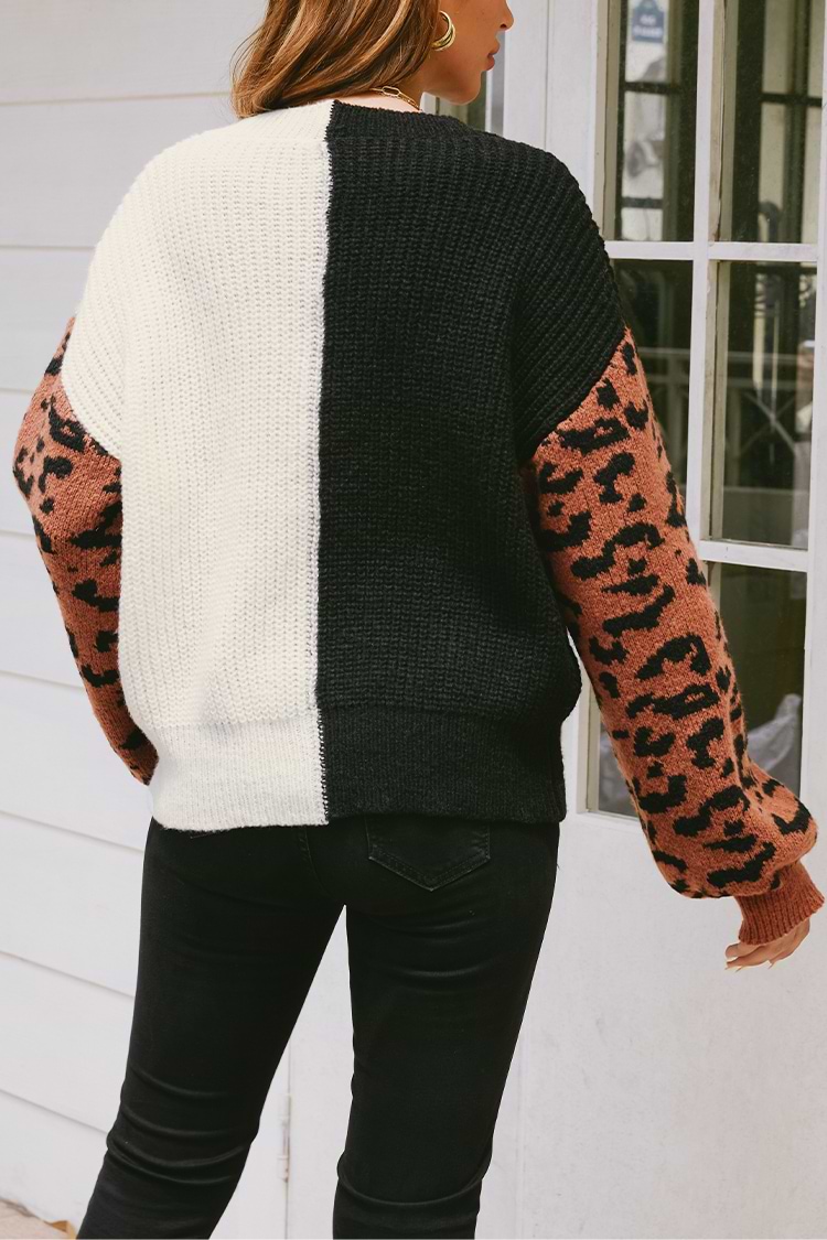 Mood Brown Leopard Print Colorblock Kint Sweater