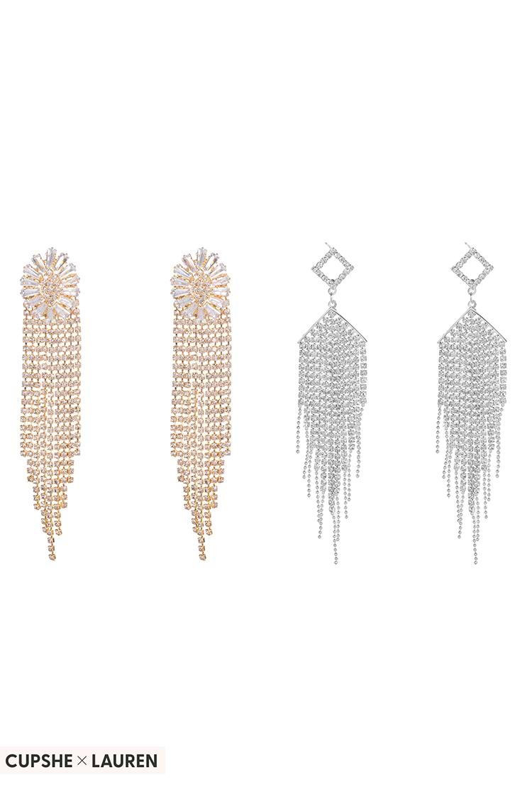 Floral Rhinestone Fringe Drop Earring Set