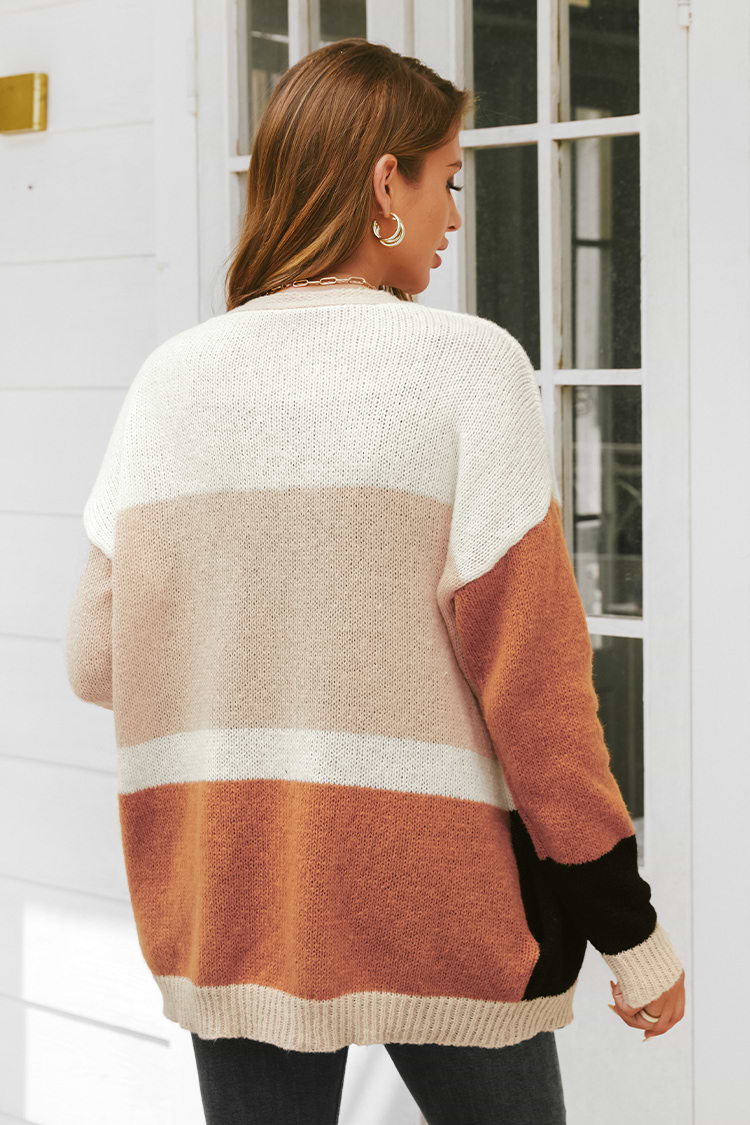 V-Ausschnitt Farbblock-Strickjacke mit Knöpfen