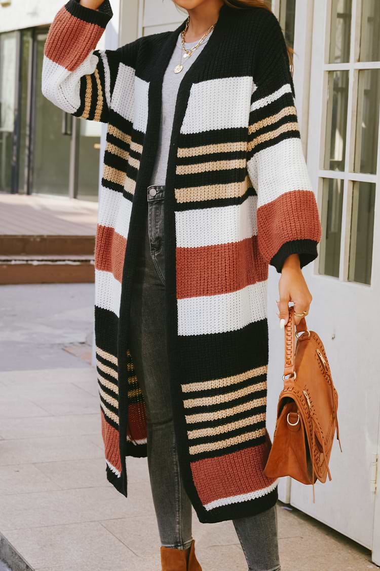 Gestreifte lange Strickjacke Vorne offen