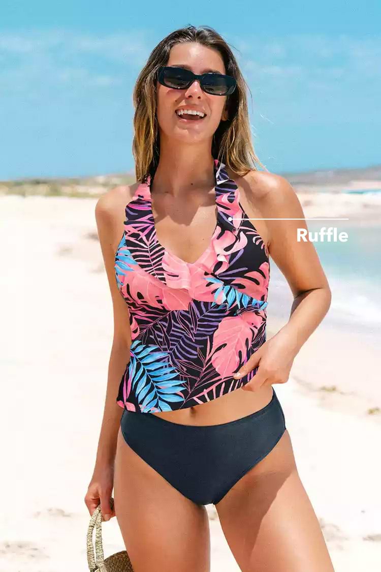 Halter Neck Tropical Leaf Print Tankini Set