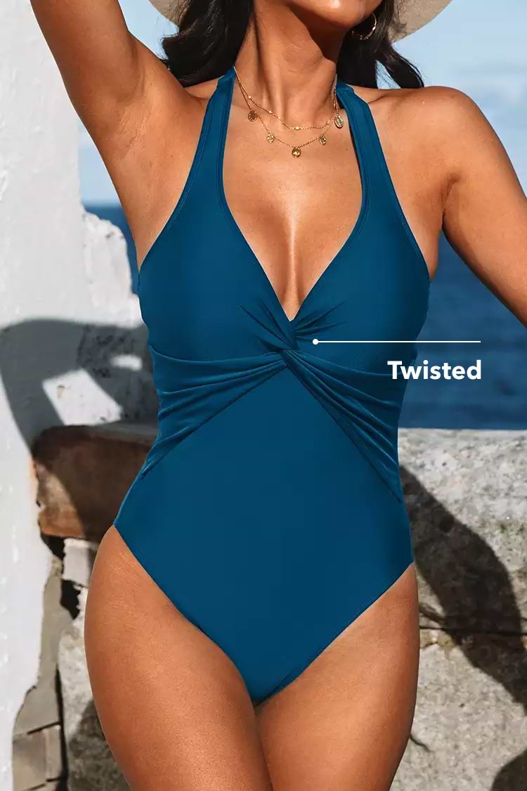 Navy Twist Front Halter One Piece Swimsuit